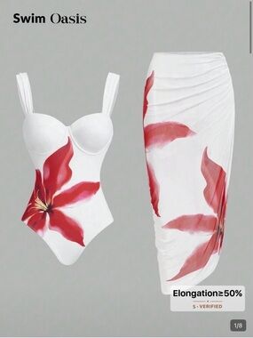 White One-Piece Swimsuit w/ Red Oasis Floral Print w/ cover up ruffle skirt set